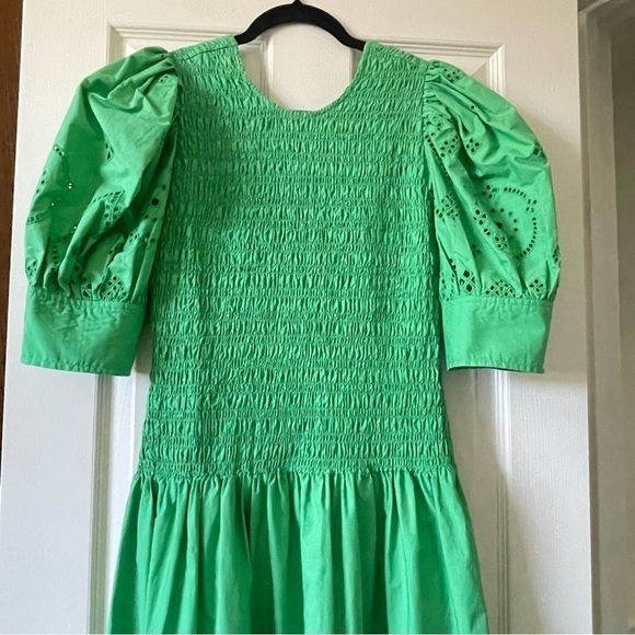 GANNI Green Smocked Eyelet Puff Sleeve Midi Dress Organic Cotton Size 8 - Picture 6 of 17